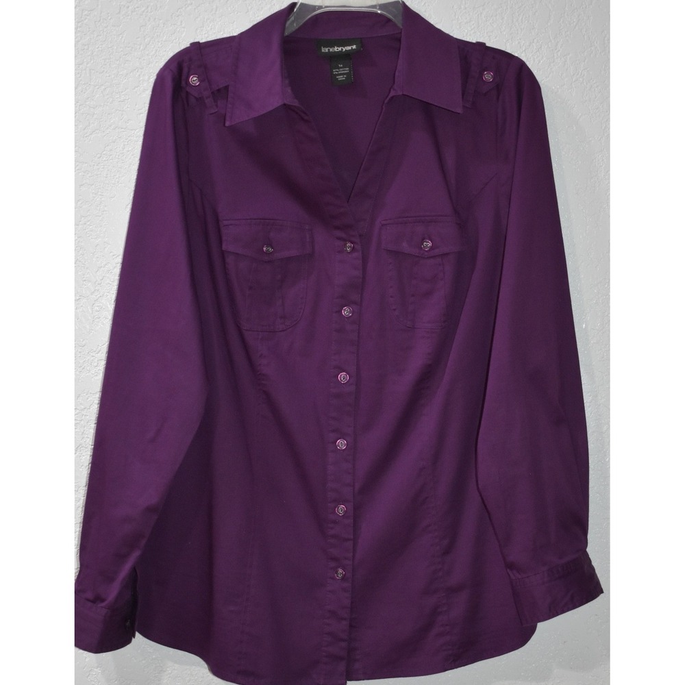 Lane Bryant Womens 14 Purple Button Down Shirt Long Sleeve Epaulette Utility Top